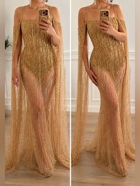 NWT, Jovani 26324A, SZ 0, Gold Beaded Sheer Cape Evening Gown